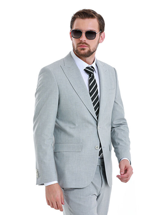Gri Slim Fit Çizgili Sivri Yaka Klasik Takım Elbise 4