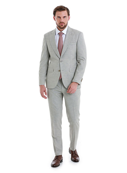 Bej Slim Fit Çizgili Sivri Yaka Klasik Takım Elbise 1