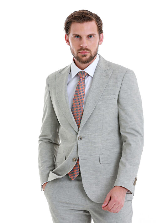 Bej Slim Fit Çizgili Sivri Yaka Klasik Takım Elbise 2