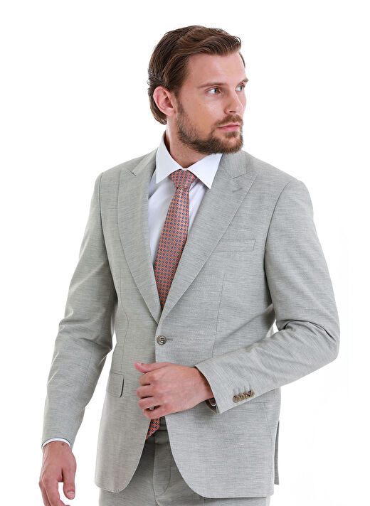 Bej Slim Fit Çizgili Sivri Yaka Klasik Takım Elbise 3