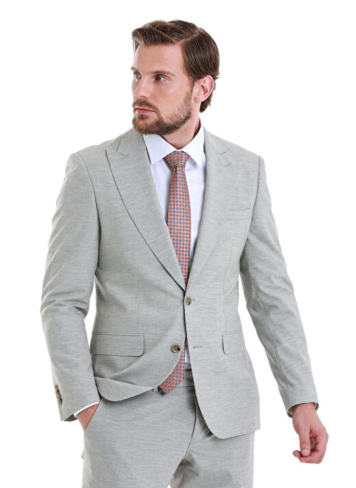 Bej Slim Fit Çizgili Sivri Yaka Klasik Takım Elbise 4