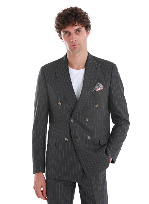 Kahverengi Slim Fit Çizgili Kruvaze Takım Elbise 2