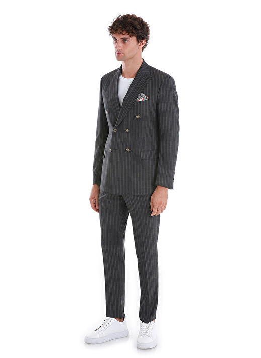Kahverengi Slim Fit Çizgili Kruvaze Takım Elbise 4