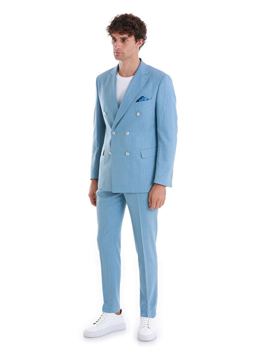 Mavi Slim Fit Çizgili Kruvaze Takım Elbise 1