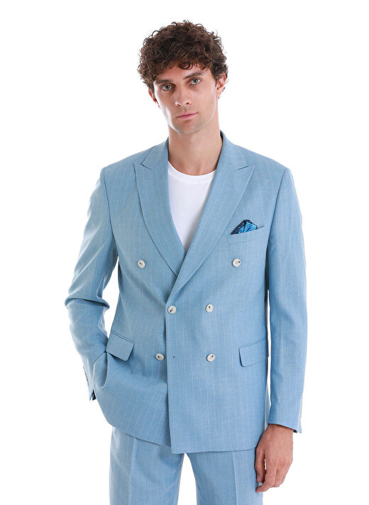 Mavi Slim Fit Çizgili Kruvaze Takım Elbise 2