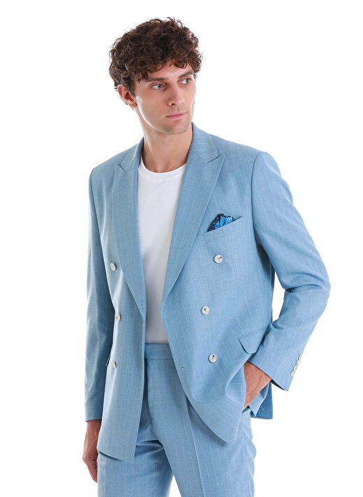 Mavi Slim Fit Çizgili Kruvaze Takım Elbise 3