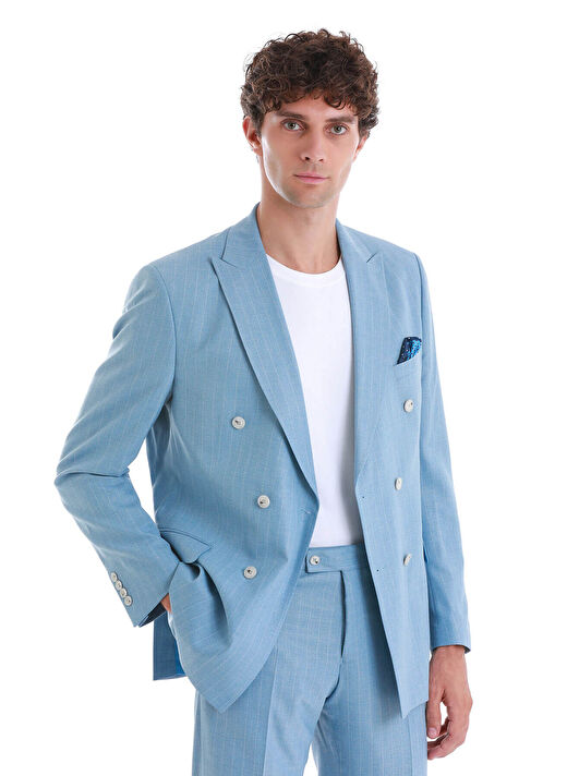 Mavi Slim Fit Çizgili Kruvaze Takım Elbise 4