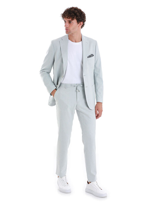 Mavi Slim Fit Düz Mono Yaka Keten Takım Elbise 1