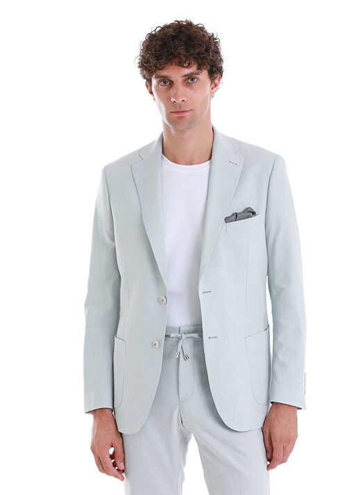 Mavi Slim Fit Düz Mono Yaka Keten Takım Elbise 2