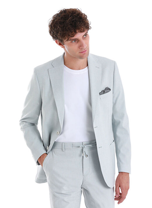 Mavi Slim Fit Düz Mono Yaka Keten Takım Elbise 3