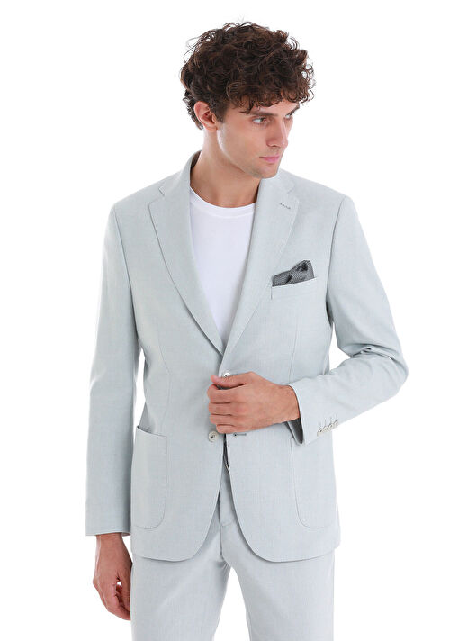 Mavi Slim Fit Düz Mono Yaka Keten Takım Elbise 4