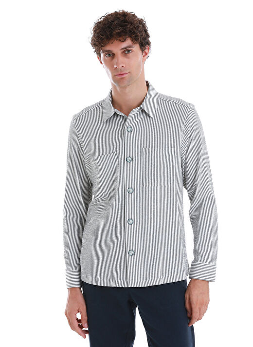 Lacivert Klasik Fit Çizgili Uzun Kollu Overshirt Gömlek 1