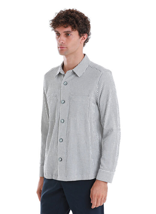 Lacivert Klasik Fit Çizgili Uzun Kollu Overshirt Gömlek 3
