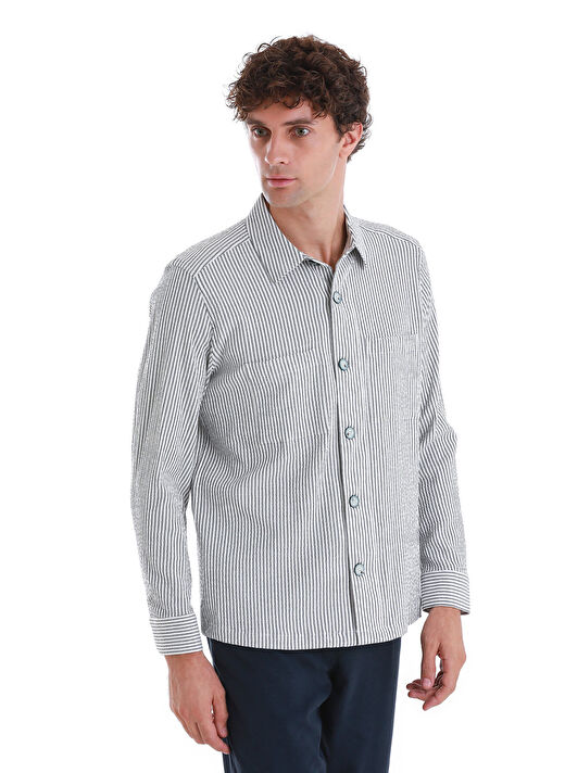 Lacivert Klasik Fit Çizgili Uzun Kollu Overshirt Gömlek 4