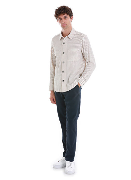 Bej Klasik Fit Çizgili Uzun Kollu Overshirt Gömlek 2