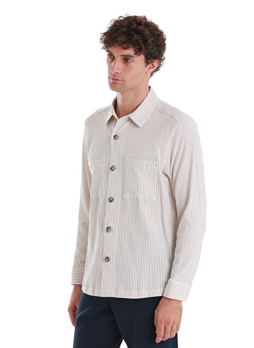 Bej Klasik Fit Çizgili Uzun Kollu Overshirt Gömlek 3