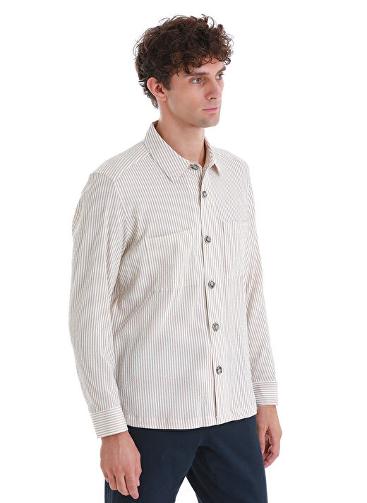 Bej Klasik Fit Çizgili Uzun Kollu Overshirt Gömlek 4
