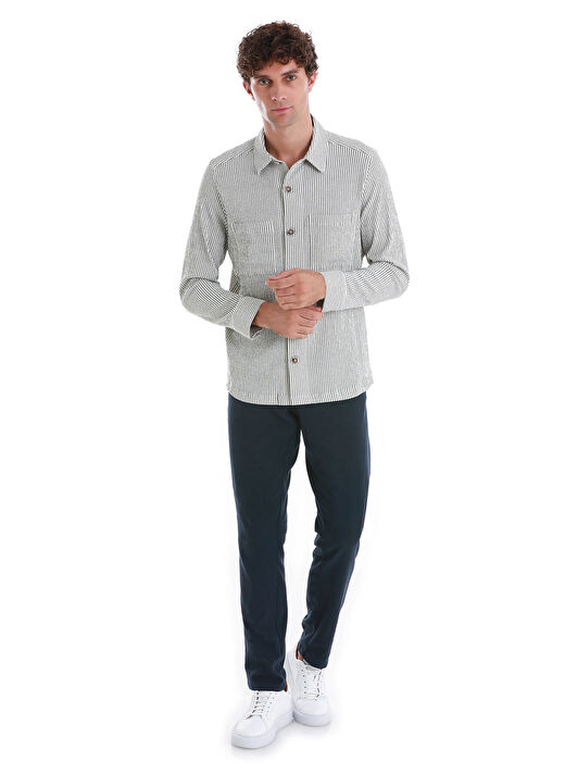 Yeşil Klasik Fit Çizgili Uzun Kollu Overshirt Gömlek 2