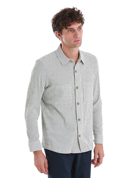 Yeşil Klasik Fit Çizgili Uzun Kollu Overshirt Gömlek 3