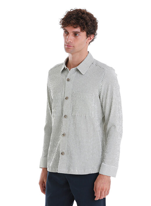 Yeşil Klasik Fit Çizgili Uzun Kollu Overshirt Gömlek 4