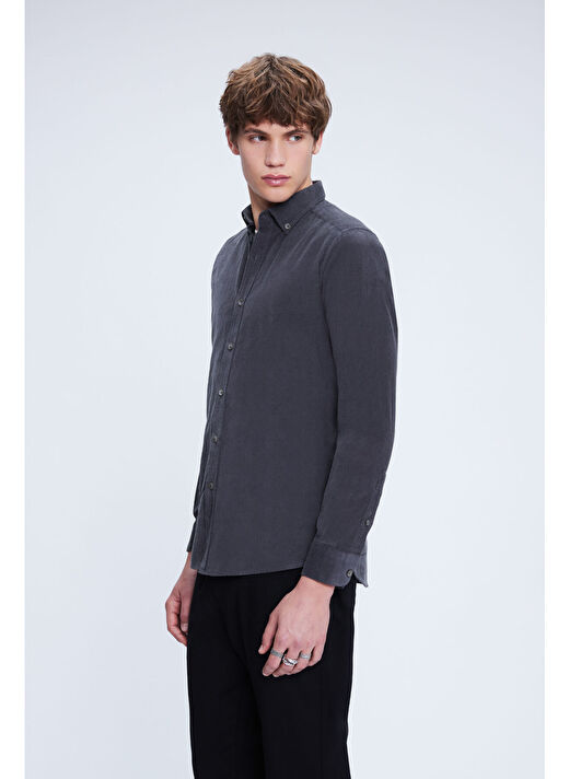 Gri Slim Fit 100% Pamuklu Düğmeli Yaka Uzun Kollu Klasik Gömlek 3
