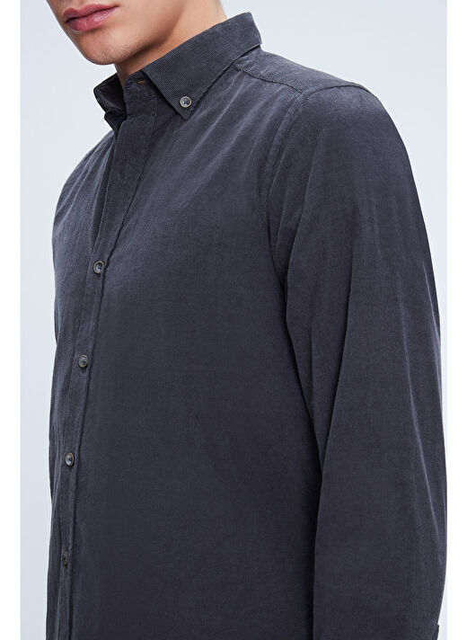 Gri Slim Fit 100% Pamuklu Düğmeli Yaka Uzun Kollu Klasik Gömlek 4