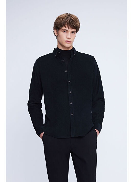 Siyah Slim Fit 100% Pamuklu Düğmeli Yaka Uzun Kollu Klasik Gömlek 1