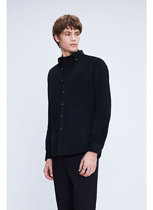 Siyah Slim Fit 100% Pamuklu Düğmeli Yaka Uzun Kollu Klasik Gömlek 3
