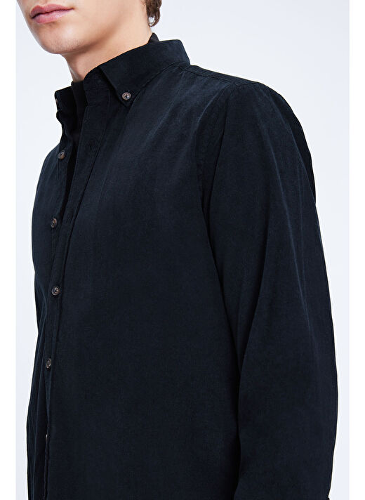 Siyah Slim Fit 100% Pamuklu Düğmeli Yaka Uzun Kollu Klasik Gömlek 4
