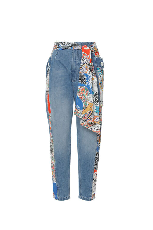 Apolet Detaylı Pilili Desenli Yan Bantlı Kuşaklı Jean Pantalon 4