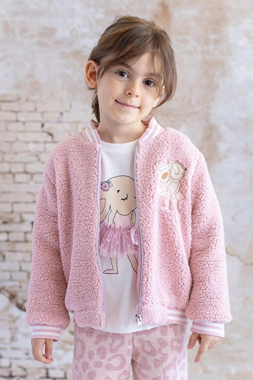 Kız Bebek Tavşan Nakışlı Peluş Mont - Pembe 1