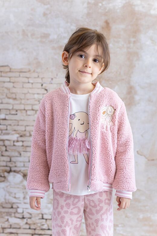 Kız Bebek Tavşan Nakışlı Peluş Mont - Pembe 2