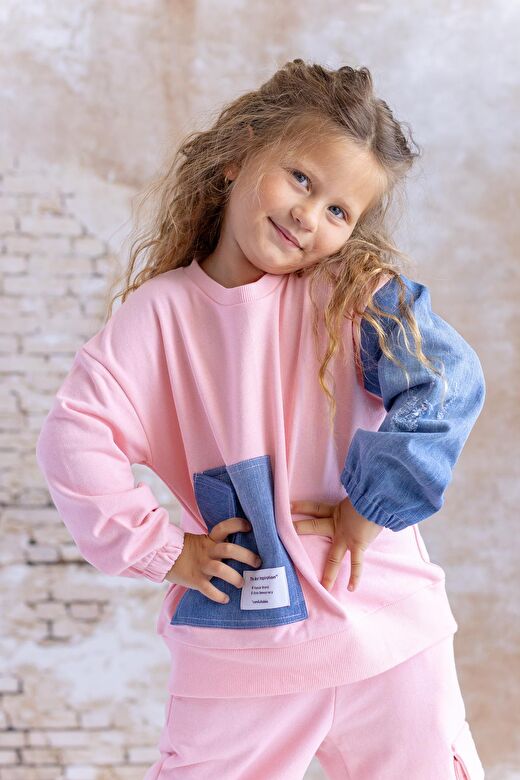 Kız Çocuk Kot Garnili Cep Detaylı Sweatshirt - Pembe 1
