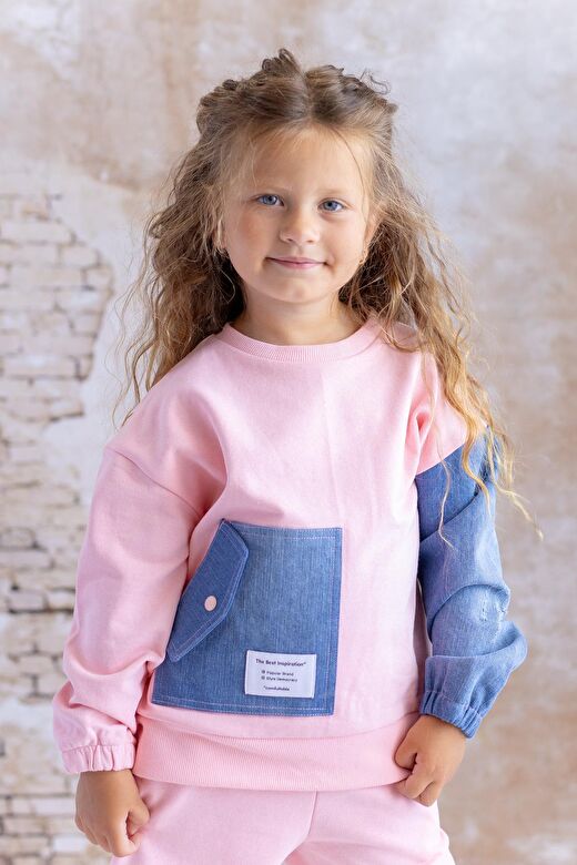 Kız Çocuk Kot Garnili Cep Detaylı Sweatshirt - Pembe 2