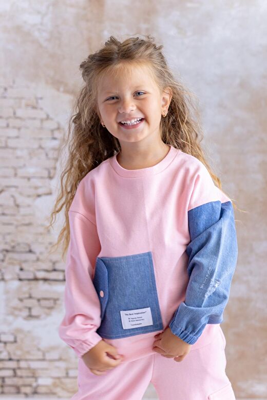Kız Çocuk Kot Garnili Cep Detaylı Sweatshirt - Pembe 3