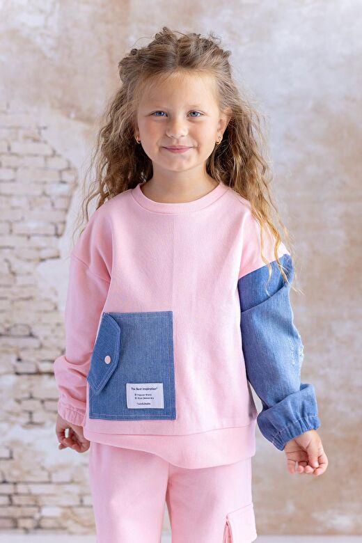 Kız Çocuk Kot Garnili Cep Detaylı Sweatshirt - Pembe 4