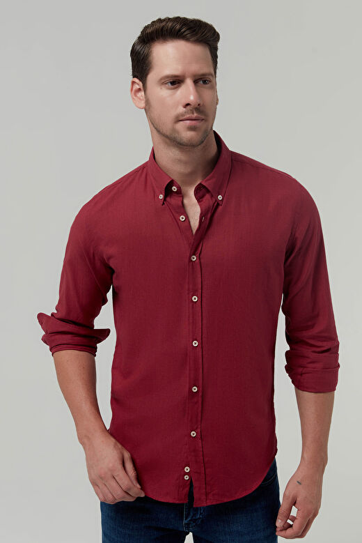 Ds Damat Slim Fit Kırmızı Düz Pamuklu Gömlek 1