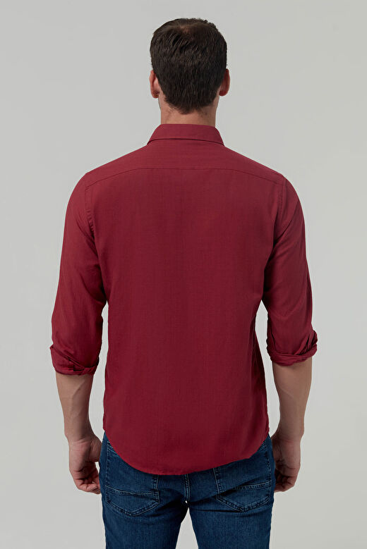 Ds Damat Slim Fit Kırmızı Düz Pamuklu Gömlek 4