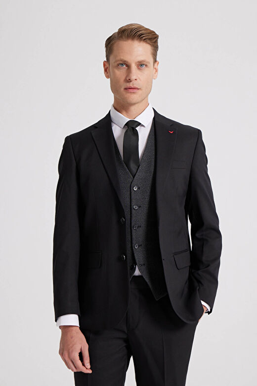 Ds Damat Slim Fit Siyah Düz Mono Yaka Tek Yırtmaçlı Astarlı Takim Elbise Kombinli 2