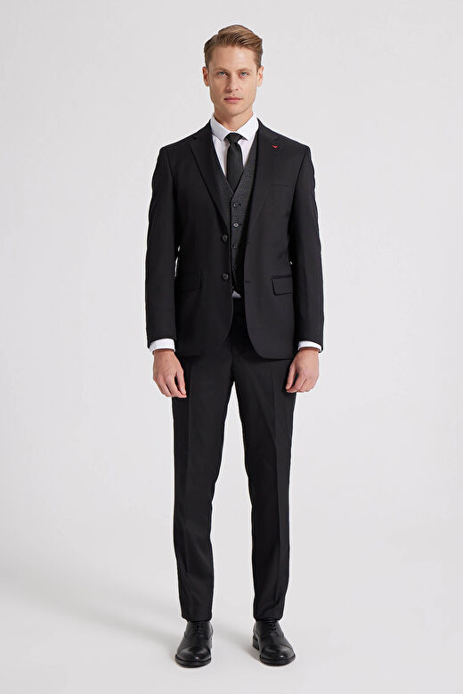 Ds Damat Slim Fit Siyah Düz Mono Yaka Tek Yırtmaçlı Astarlı Takim Elbise Kombinli 1