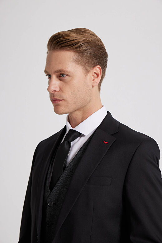Ds Damat Slim Fit Siyah Düz Mono Yaka Tek Yırtmaçlı Astarlı Takim Elbise Kombinli 3