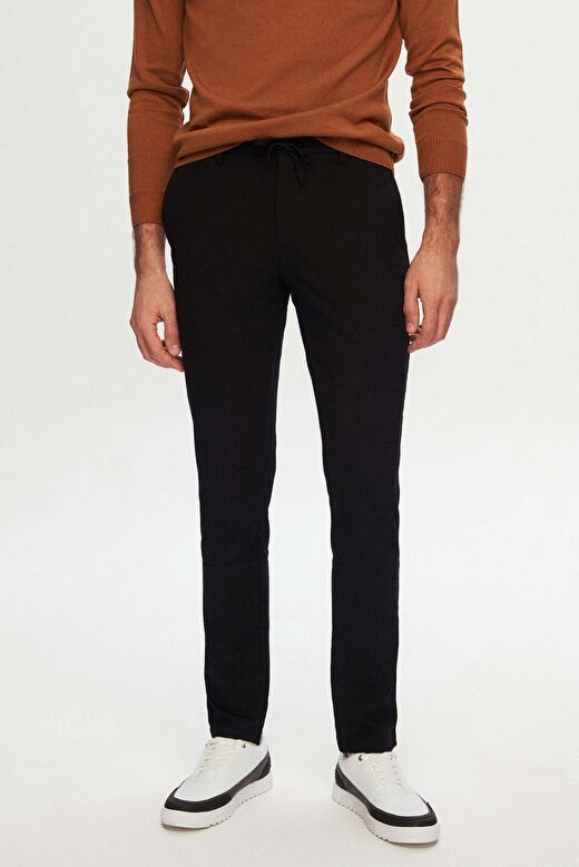 Ds Damat Slim Fit Siyah Beli Lastikli Bağcıklı Fermuarlı Likralı Rahat Jogger Pantolon 1