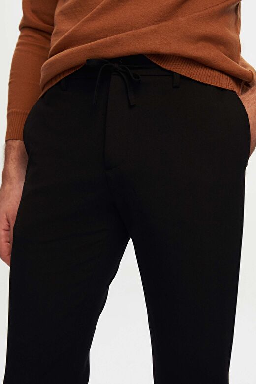 Ds Damat Slim Fit Siyah Beli Lastikli Bağcıklı Fermuarlı Likralı Rahat Jogger Pantolon 2