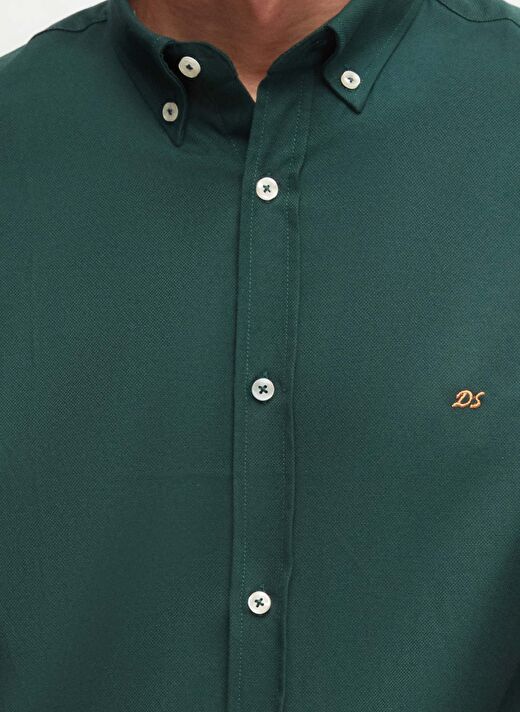 Ds Damat Slim Fit Yeşil Oxford Düğmeli Yaka Kolay Ütülenebilir Nakış Detaylı Pamuklu Gömlek 3