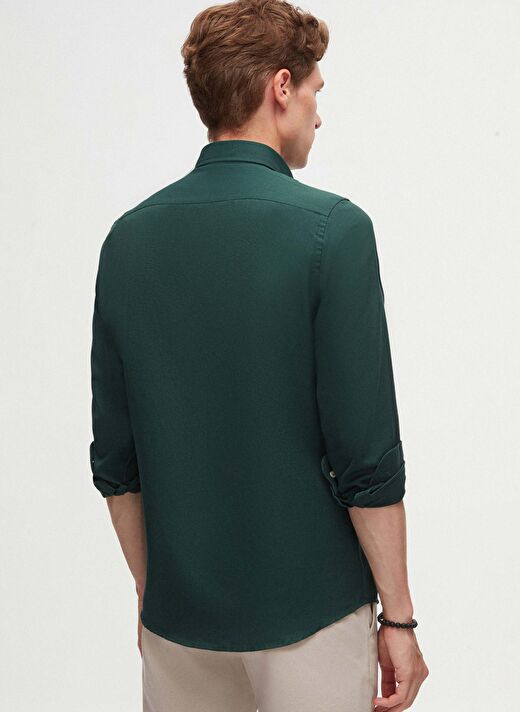Ds Damat Slim Fit Yeşil Oxford Düğmeli Yaka Kolay Ütülenebilir Nakış Detaylı Pamuklu Gömlek 4