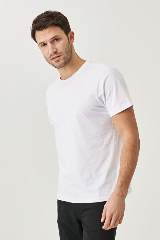 Erkek Beyaz-Siyah-Gri Melanj-Lacivert-Haki Slim Fit Dar Kesim Bisiklet Yaka 5'li Tişört Paketi 4