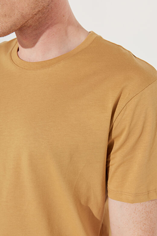 Erkek Hardal Slim Fit Dar Kesim %100 Pamuk Bisiklet Yaka Kısa Kollu Tişört 4