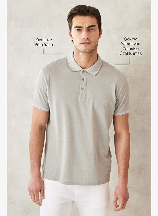 Erkek GRI-GRI Slim Fit Dar Kesim Kıvrılmaz Polo Yaka Kısa Kollu Tişört 2