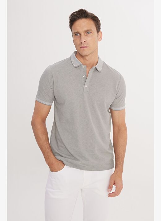 Erkek GRI-GRI Slim Fit Dar Kesim Kıvrılmaz Polo Yaka Kısa Kollu Tişört 1