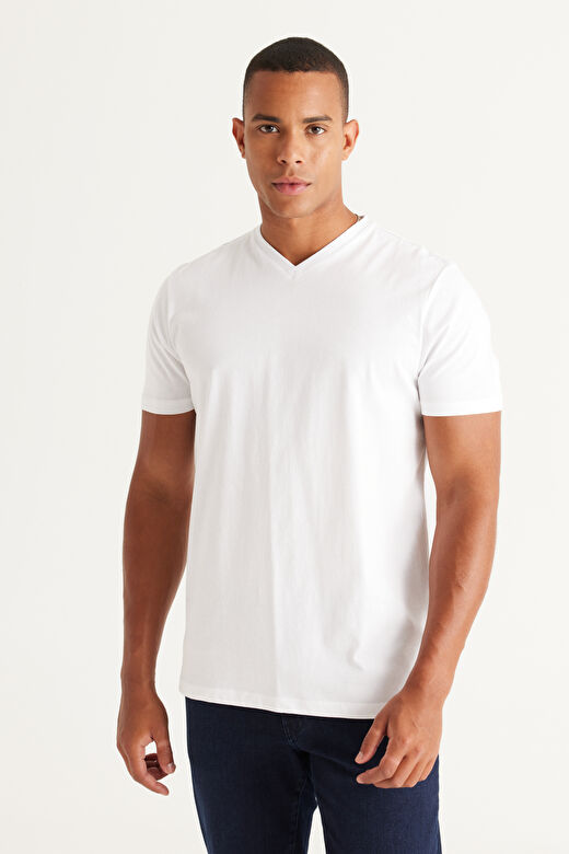 Erkek Beyaz Slim Fit Dar Kesim V Yaka Pamuklu V Yaka Kısa Kollu Tişört 1